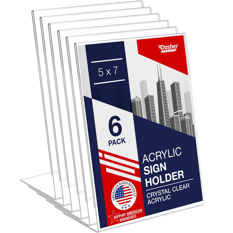 Dasher Products Slant Back Acrylic Sign Holder 5x7, 6-Pack Clear Frame Stand for Photos, Signs, Menus, Documents, Flyers, and More. Slanted Ad Display Stand for Tabletop Use - Image 1
